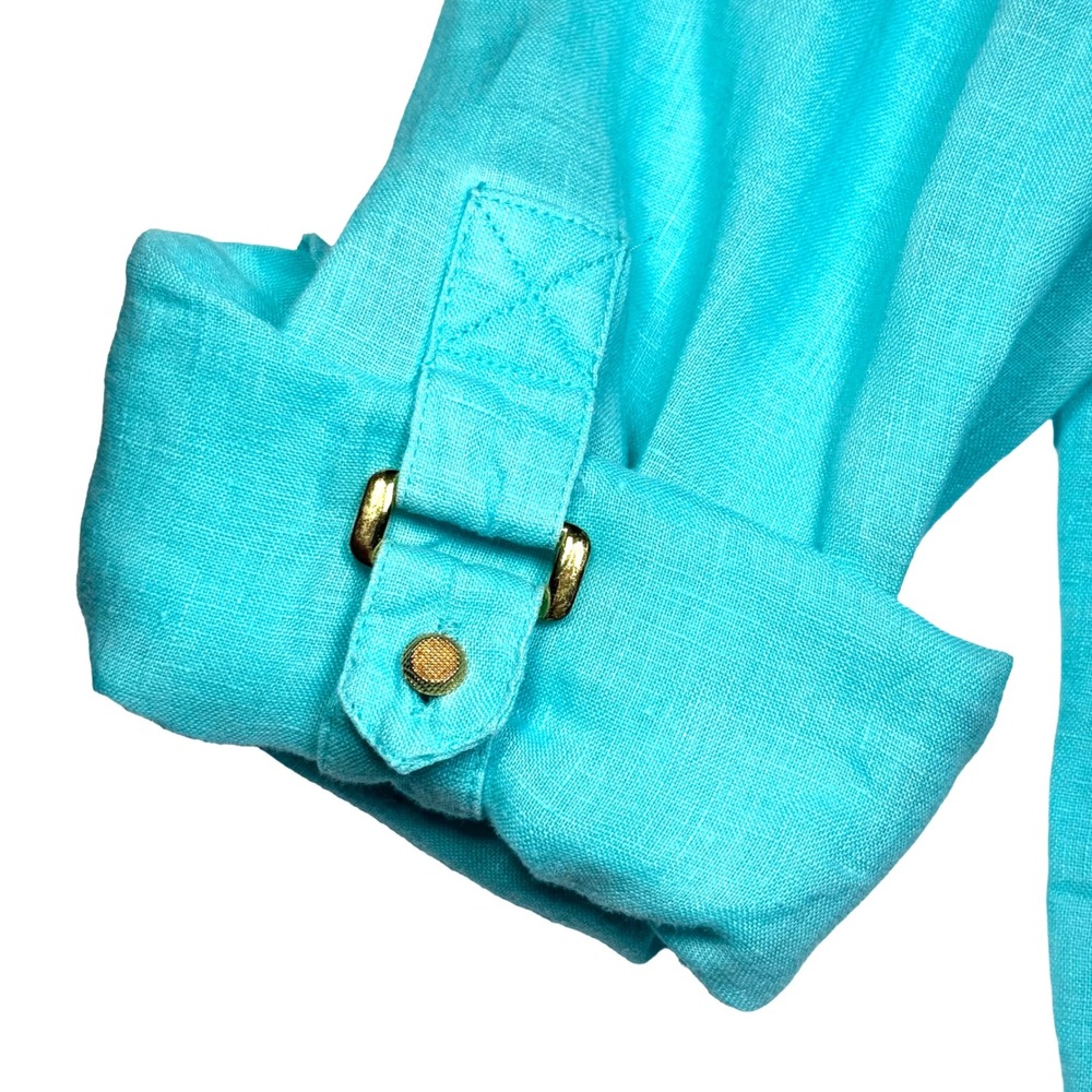 Chicos Womens Turquoise 100% Linen Button Down Roll Tab Shirt Aqua Size 1 Medium - Picture 7 of 10